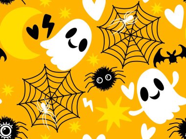 Cadılar Bayramı hayaletleri, çizgi film örümcekleri ve yarasa desenleri kağıt, kumaş, çarşaf ve çocuk giysileri baskıları, ambalajlar ve şenlikli aksesuarlar. Yüksek kaliteli illüstrasyon