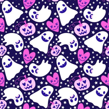 Cadılar Bayramı hayaletleri kağıt, kumaş, çarşaf ve çocuk giysileri baskısı, ambalaj ve şenlikli aksesuarlar için kusursuz çizgi film desenleri. Yüksek kaliteli illüstrasyon