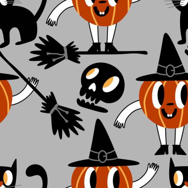 Cadılar Bayramı balkabakları kağıt, kumaş, çarşaf, çocuk giysisi baskısı, şenlik ambalajı ve sonbahar partisi aksesuarları için kusursuz canavar desenleri. Yüksek kaliteli illüstrasyon