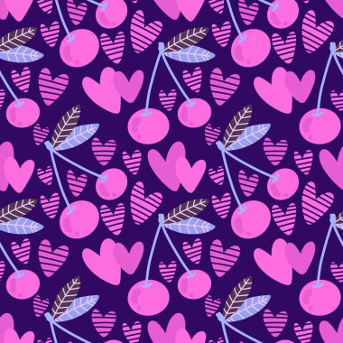 Kağıt, kumaş, çarşaf, çocuk giysileri, tekstil ürünleri, parti aksesuarları ve mutfak için yaz meyvesiz kiraz deseni. Yüksek kaliteli illüstrasyon