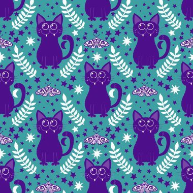 Cadılar bayramı hayvanları kusursuz kediler ve paket kağıdı, kumaş, çarşaf ve çocuk kıyafetleri ve parti aksesuarları için hayalet deseni. Yüksek kaliteli illüstrasyon