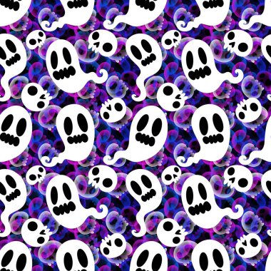 Cadılar Bayramı hayaletleri kağıt, kumaş, çarşaf ve çocuk giysileri baskısı, ambalaj ve şenlikli aksesuarlar için kusursuz çizgi film desenleri. Yüksek kaliteli illüstrasyon