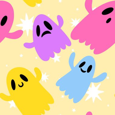 Cadılar Bayramı hayaletleri kağıt, kumaş, çarşaf ve çocuk giysileri baskısı, ambalaj ve şenlikli aksesuarlar için kusursuz çizgi film desenleri. Yüksek kaliteli illüstrasyon