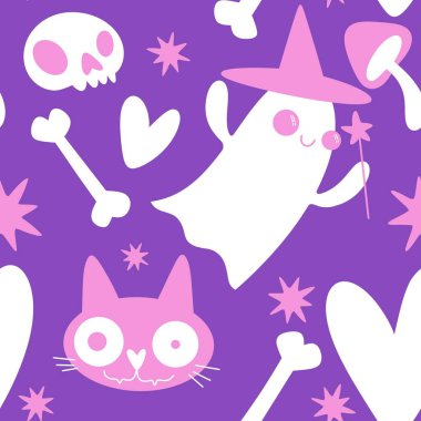 Cadılar Bayramı hayaletleri kağıt, kumaş, çarşaf ve çocuk giysileri baskısı, ambalaj ve şenlikli aksesuarlar için kusursuz çizgi film desenleri. Yüksek kaliteli illüstrasyon