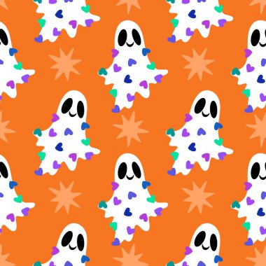 Cadılar Bayramı hayaletleri kağıt, kumaş, çarşaf ve çocuk giysileri baskısı, ambalaj ve şenlikli aksesuarlar için kusursuz çizgi film desenleri. Yüksek kaliteli illüstrasyon
