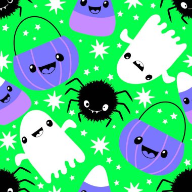 Cadılar Bayramı hayaletleri kağıt, kumaş, çarşaf ve çocuk giysileri baskısı, ambalaj ve şenlikli aksesuarlar için kusursuz çizgi film desenleri. Yüksek kaliteli illüstrasyon