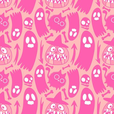 Cadılar bayramı hayvanları kusursuz kediler ve paket kağıdı, kumaş, çarşaf ve çocuk kıyafetleri ve parti aksesuarları için hayalet deseni. Yüksek kaliteli illüstrasyon