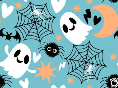 Cadılar Bayramı hayaletleri, çizgi film örümcekleri ve yarasa desenleri kağıt, kumaş, çarşaf ve çocuk giysileri baskıları, ambalajlar ve şenlikli aksesuarlar. Yüksek kaliteli illüstrasyon