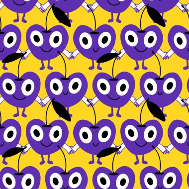 Kağıt, kumaş, çarşaf, çocuk giysileri, tekstil ürünleri, parti aksesuarları ve mutfak için yaz meyvesiz kiraz deseni. Yüksek kaliteli illüstrasyon