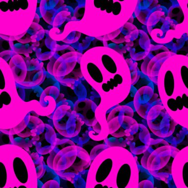 Cadılar Bayramı hayaletleri kağıt, kumaş, çarşaf ve çocuk giysileri baskısı, ambalaj ve şenlikli aksesuarlar için kusursuz çizgi film desenleri. Yüksek kaliteli illüstrasyon