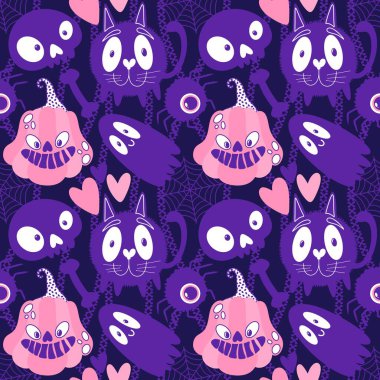 Cadılar Bayramı hayaletleri kağıt, kumaş, çarşaf ve çocuk giysileri baskısı, ambalaj ve şenlikli aksesuarlar için kusursuz çizgi film desenleri. Yüksek kaliteli illüstrasyon