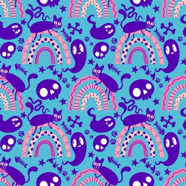 Cadılar bayramı hayvanları kusursuz kediler ve paket kağıdı, kumaş, çarşaf ve çocuk kıyafetleri ve parti aksesuarları için hayalet deseni. Yüksek kaliteli illüstrasyon