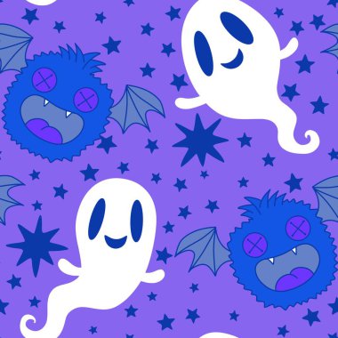 Cadılar Bayramı hayaletleri kağıt, kumaş, çarşaf ve çocuk giysileri baskısı, ambalaj ve şenlikli aksesuarlar için kusursuz çizgi film desenleri. Yüksek kaliteli illüstrasyon