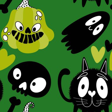 Cadılar Bayramı hayaletleri kağıt, kumaş, çarşaf ve çocuk giysileri baskısı, ambalaj ve şenlikli aksesuarlar için kusursuz çizgi film desenleri. Yüksek kaliteli illüstrasyon