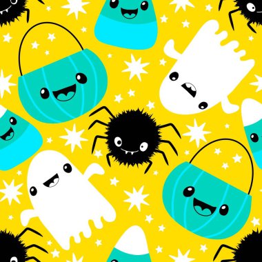 Cadılar Bayramı hayaletleri kağıt, kumaş, çarşaf ve çocuk giysileri baskısı, ambalaj ve şenlikli aksesuarlar için kusursuz çizgi film desenleri. Yüksek kaliteli illüstrasyon