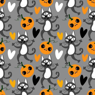 Cadılar bayramı hayvanları kusursuz kediler ve paket kağıdı, kumaş, çarşaf ve çocuk kıyafetleri ve parti aksesuarları için hayalet deseni. Yüksek kaliteli illüstrasyon