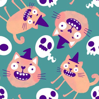 Cadılar bayramı hayvanları kusursuz kediler ve paket kağıdı, kumaş, çarşaf ve çocuk kıyafetleri ve parti aksesuarları için hayalet deseni. Yüksek kaliteli illüstrasyon