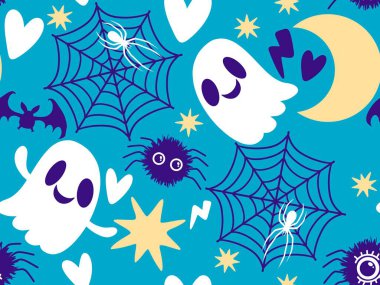 Cadılar Bayramı hayaletleri, çizgi film örümcekleri ve yarasa desenleri kağıt, kumaş, çarşaf ve çocuk giysileri baskıları, ambalajlar ve şenlikli aksesuarlar. Yüksek kaliteli illüstrasyon