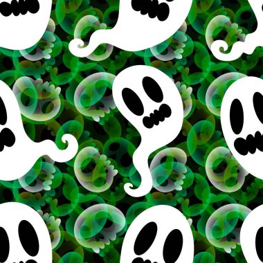 Cadılar Bayramı hayaletleri kağıt, kumaş, çarşaf ve çocuk giysileri baskısı, ambalaj ve şenlikli aksesuarlar için kusursuz çizgi film desenleri. Yüksek kaliteli illüstrasyon