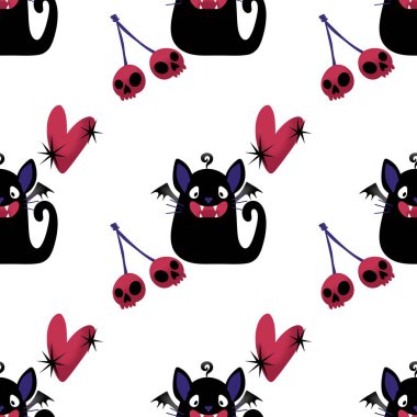 Cadılar bayramı hayvanları kusursuz kediler ve paket kağıdı, kumaş, çarşaf ve çocuk kıyafetleri ve parti aksesuarları için hayalet deseni. Yüksek kaliteli illüstrasyon