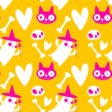 Cadılar Bayramı hayaletleri kağıt, kumaş, çarşaf ve çocuk giysileri baskısı, ambalaj ve şenlikli aksesuarlar için kusursuz çizgi film desenleri. Yüksek kaliteli illüstrasyon