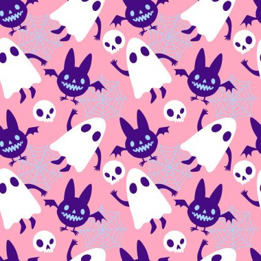 Cadılar Bayramı hayaletleri kağıt, kumaş, çarşaf ve çocuk giysileri baskısı, ambalaj ve şenlikli aksesuarlar için kusursuz çizgi film desenleri. Yüksek kaliteli illüstrasyon