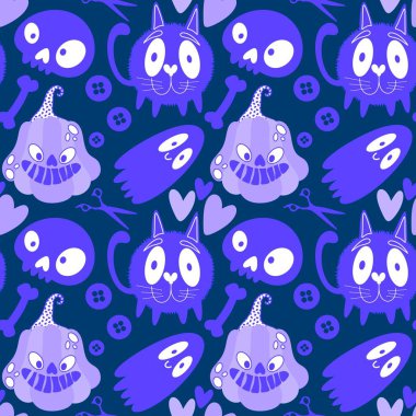 Cadılar Bayramı hayaletleri kağıt, kumaş, çarşaf ve çocuk giysileri baskısı, ambalaj ve şenlikli aksesuarlar için kusursuz çizgi film desenleri. Yüksek kaliteli illüstrasyon