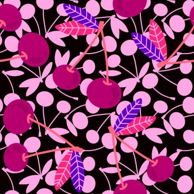 Kağıt, kumaş, çarşaf, çocuk giysileri, tekstil ürünleri, parti aksesuarları ve mutfak için yaz meyvesiz kiraz deseni. Yüksek kaliteli illüstrasyon