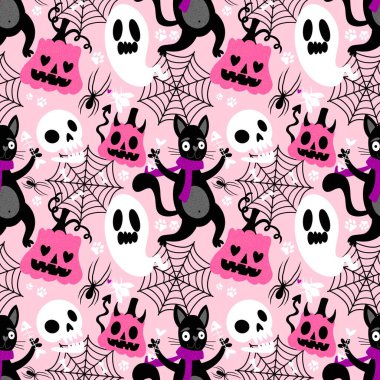 Cadılar bayramı hayvanları kusursuz kediler ve paket kağıdı, kumaş, çarşaf ve çocuk kıyafetleri ve parti aksesuarları için hayalet deseni. Yüksek kaliteli illüstrasyon