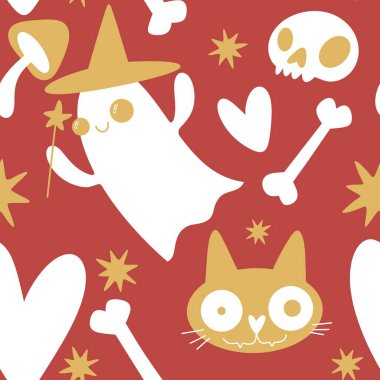 Cadılar Bayramı hayaletleri kağıt, kumaş, çarşaf ve çocuk giysileri baskısı, ambalaj ve şenlikli aksesuarlar için kusursuz çizgi film desenleri. Yüksek kaliteli illüstrasyon