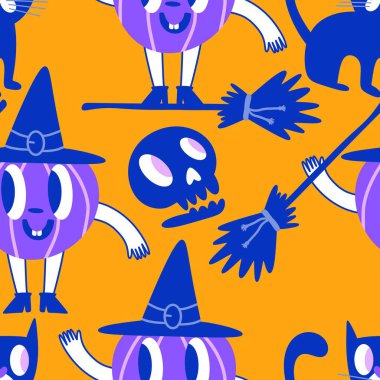 Cadılar Bayramı balkabakları kağıt, kumaş, çarşaf, çocuk giysisi baskısı, şenlik ambalajı ve sonbahar partisi aksesuarları için kusursuz canavar desenleri. Yüksek kaliteli illüstrasyon
