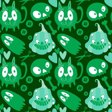 Cadılar Bayramı hayaletleri kağıt, kumaş, çarşaf ve çocuk giysileri baskısı, ambalaj ve şenlikli aksesuarlar için kusursuz çizgi film desenleri. Yüksek kaliteli illüstrasyon