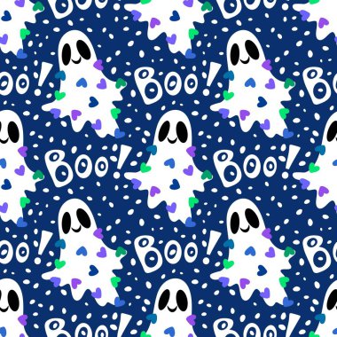 Cadılar Bayramı hayaletleri kağıt, kumaş, çarşaf ve çocuk giysileri baskısı, ambalaj ve şenlikli aksesuarlar için kusursuz çizgi film desenleri. Yüksek kaliteli illüstrasyon