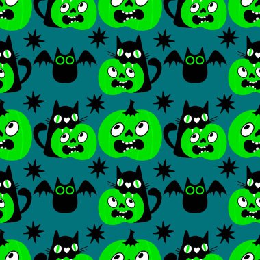 Cadılar bayramı hayvanları kusursuz kediler ve paket kağıdı, kumaş, çarşaf ve çocuk kıyafetleri ve parti aksesuarları için hayalet deseni. Yüksek kaliteli illüstrasyon