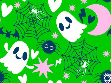 Cadılar Bayramı hayaletleri, çizgi film örümcekleri ve yarasa desenleri kağıt, kumaş, çarşaf ve çocuk giysileri baskıları, ambalajlar ve şenlikli aksesuarlar. Yüksek kaliteli illüstrasyon