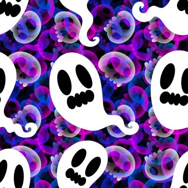 Cadılar Bayramı hayaletleri kağıt, kumaş, çarşaf ve çocuk giysileri baskısı, ambalaj ve şenlikli aksesuarlar için kusursuz çizgi film desenleri. Yüksek kaliteli illüstrasyon