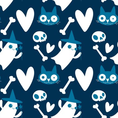 Cadılar Bayramı hayaletleri kağıt, kumaş, çarşaf ve çocuk giysileri baskısı, ambalaj ve şenlikli aksesuarlar için kusursuz çizgi film desenleri. Yüksek kaliteli illüstrasyon