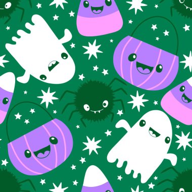 Cadılar Bayramı hayaletleri kağıt, kumaş, çarşaf ve çocuk giysileri baskısı, ambalaj ve şenlikli aksesuarlar için kusursuz çizgi film desenleri. Yüksek kaliteli illüstrasyon