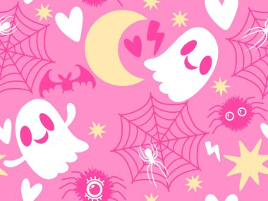 Cadılar Bayramı hayaletleri, çizgi film örümcekleri ve yarasa desenleri kağıt, kumaş, çarşaf ve çocuk giysileri baskıları, ambalajlar ve şenlikli aksesuarlar. Yüksek kaliteli illüstrasyon