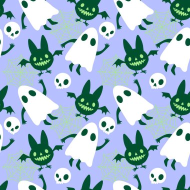 Cadılar Bayramı hayaletleri kağıt, kumaş, çarşaf ve çocuk giysileri baskısı, ambalaj ve şenlikli aksesuarlar için kusursuz çizgi film desenleri. Yüksek kaliteli illüstrasyon
