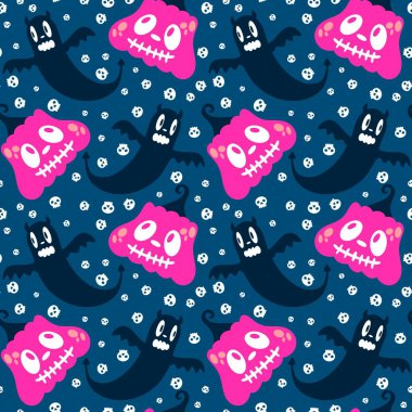 Cadılar Bayramı hayaletleri kağıt, kumaş, çarşaf ve çocuk giysileri baskısı, ambalaj ve şenlikli aksesuarlar için kusursuz çizgi film desenleri. Yüksek kaliteli illüstrasyon