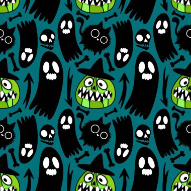 Cadılar bayramı hayvanları kusursuz kediler ve paket kağıdı, kumaş, çarşaf ve çocuk kıyafetleri ve parti aksesuarları için hayalet deseni. Yüksek kaliteli illüstrasyon