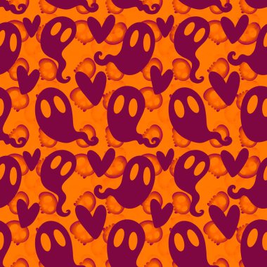 Cadılar Bayramı hayaletleri kağıt, kumaş, çarşaf ve çocuk giysileri baskısı, ambalaj ve şenlikli aksesuarlar için kusursuz çizgi film desenleri. Yüksek kaliteli illüstrasyon