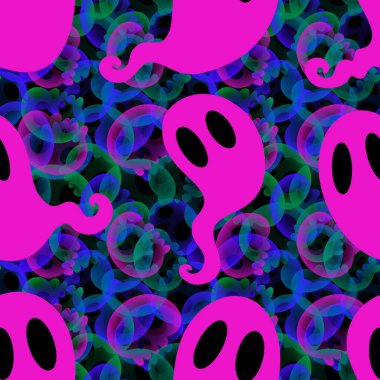 Cadılar Bayramı hayaletleri kağıt, kumaş, çarşaf ve çocuk giysileri baskısı, ambalaj ve şenlikli aksesuarlar için kusursuz çizgi film desenleri. Yüksek kaliteli illüstrasyon