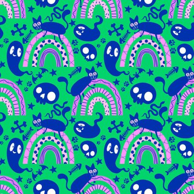 Cadılar bayramı hayvanları kusursuz kediler ve paket kağıdı, kumaş, çarşaf ve çocuk kıyafetleri ve parti aksesuarları için hayalet deseni. Yüksek kaliteli illüstrasyon