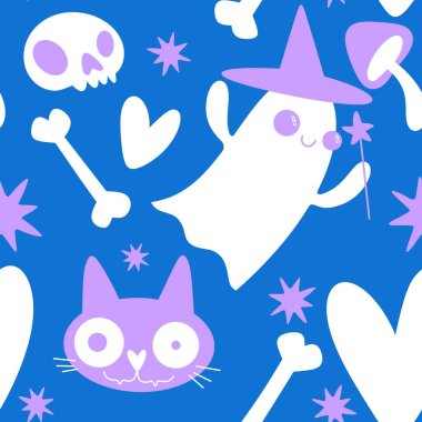 Cadılar Bayramı hayaletleri kağıt, kumaş, çarşaf ve çocuk giysileri baskısı, ambalaj ve şenlikli aksesuarlar için kusursuz çizgi film desenleri. Yüksek kaliteli illüstrasyon