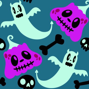 Cadılar Bayramı hayaletleri kağıt, kumaş, çarşaf ve çocuk giysileri baskısı, ambalaj ve şenlikli aksesuarlar için kusursuz çizgi film desenleri. Yüksek kaliteli illüstrasyon