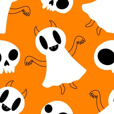 Cadılar Bayramı hayaletleri kağıt, kumaş, çarşaf ve çocuk giysileri baskısı, ambalaj ve şenlikli aksesuarlar için kusursuz çizgi film desenleri. Yüksek kaliteli illüstrasyon