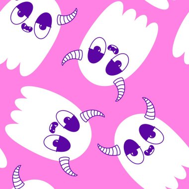 Cadılar Bayramı hayaletleri kağıt, kumaş, çarşaf ve çocuk giysileri baskısı, ambalaj ve şenlikli aksesuarlar için kusursuz çizgi film desenleri. Yüksek kaliteli illüstrasyon