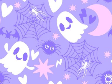 Cadılar Bayramı hayaletleri, çizgi film örümcekleri ve yarasa desenleri kağıt, kumaş, çarşaf ve çocuk giysileri baskıları, ambalajlar ve şenlikli aksesuarlar. Yüksek kaliteli illüstrasyon